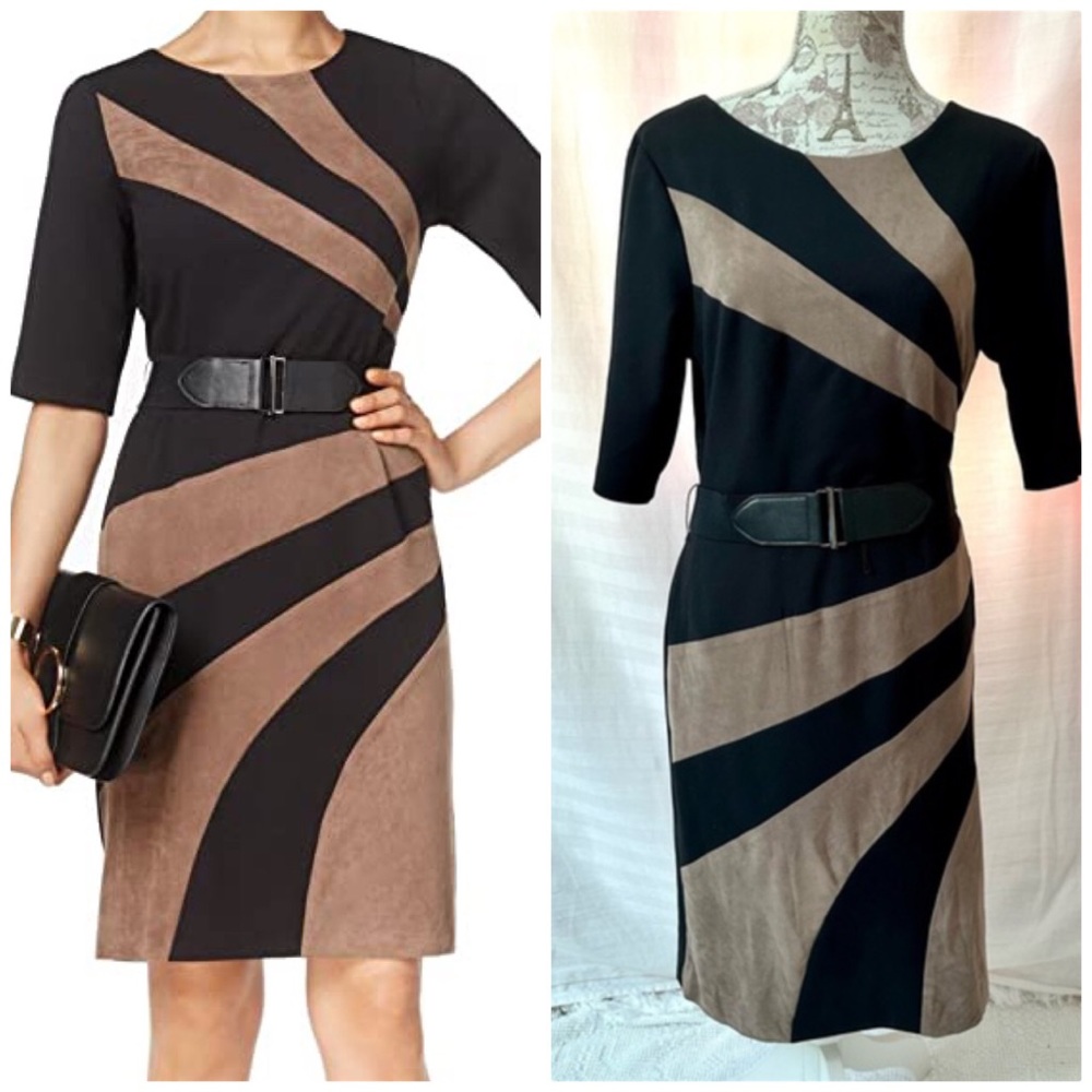 Connected Apparel Black and Beige Faux Suede Dress with Belt Size 12 Half Sleeve